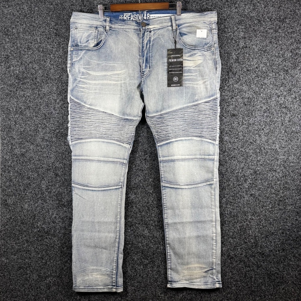 NWT Reason 48 Premium Denim Mens Moto‎ Jeans Light Wash Blue Stretch 3XL